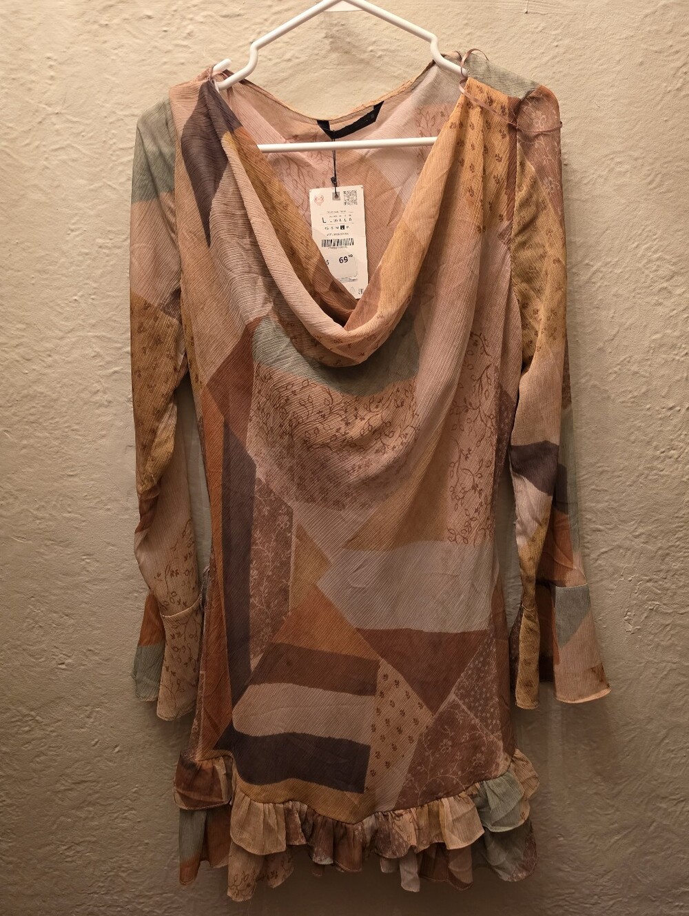 NWT Zara Abstract Scarf Print Cowl Neck Ruffle Mini Dress Tunic L